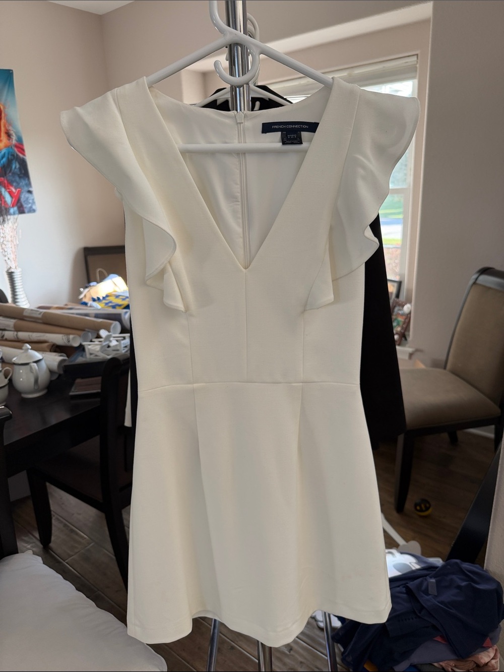 French Connection Ivory Ruffle-Sleeve V-Neck Mini Dress Sz 4